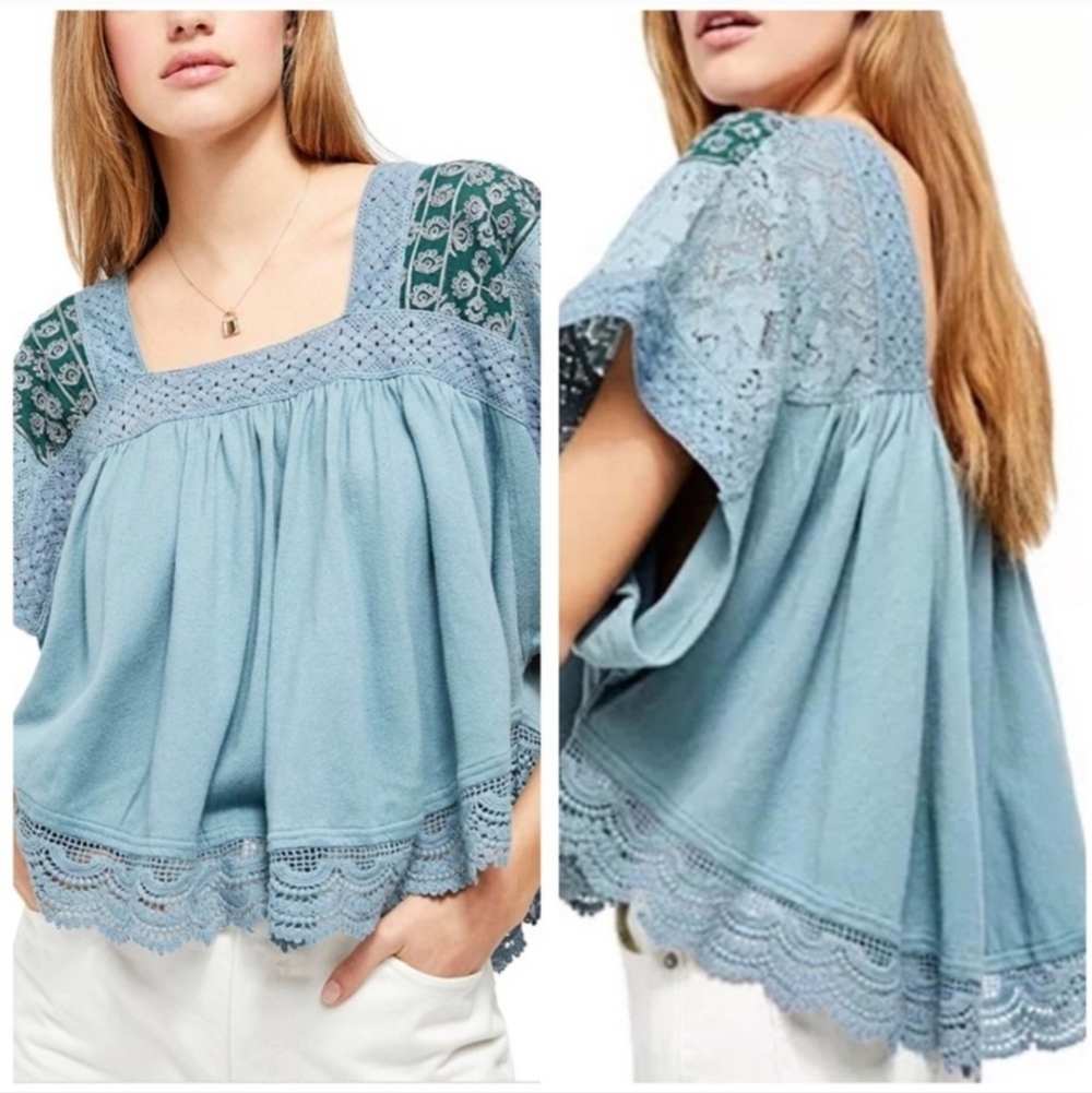 Free People Light Blue Lace-Trim Peasant Blouse